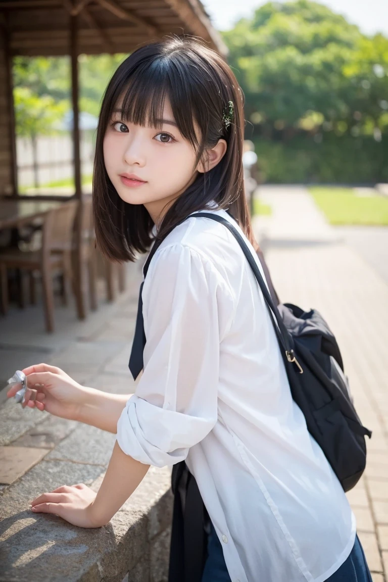 Masterpiece、Raw photography、(((Ultimate Beauty Portrait)))、((glistning skin))、close mouth、no mask、dark brown eye、teen、highschool girl、age 15、natural make、short bob、((masterpiece、top-quality、ultra-detailliert、intricate-detail、hight resolution、highly detailed))、8KUHD、Digital SLR、Soft light、high quality 、Shallow depth of field、natural soft light、Squatting, Shy smile , Beautiful skin, ((of the highest quality, 16 K, masterpiece: 1.3)), 1 girl, Light on Face, hyper detailed face, very detailed lips, Detailed eyes、real looking skin、Uniform、White panties are visible from the skirt、Sheer white shirt、Navy blue ribbon at the collar、Dark blue pleated mini、((slightly lift the hem of the skirt with both hands,,,))、Pointing your butt at the camera、The face is looking back at the camera,(white panties:1.4)