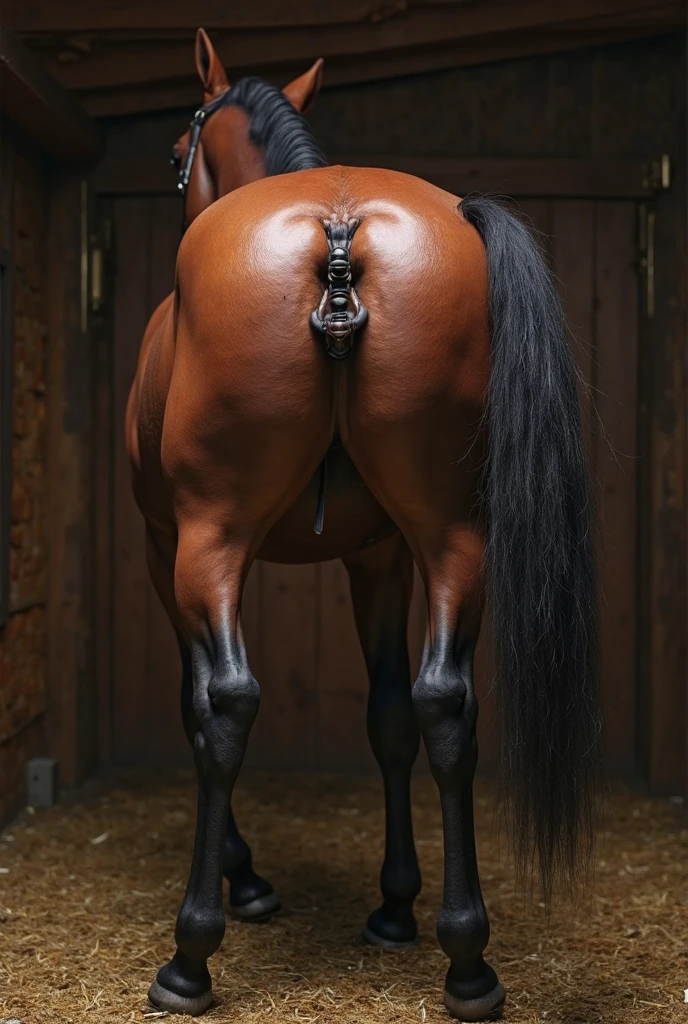 human middle aging chubby white man anally entering horse tight anus penis into a male in heat tight muscular horse anus, tight anus, realistic,