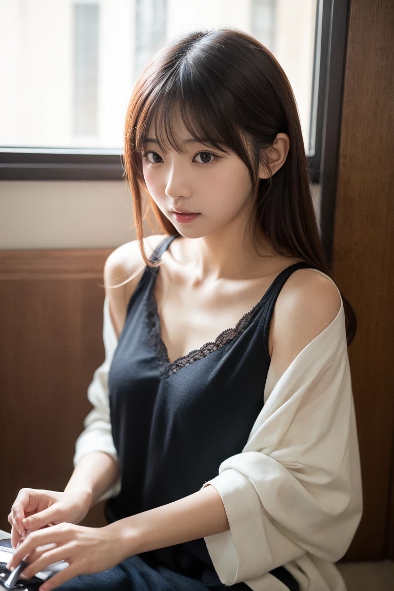 ((Top quality)), one beautiful woman, wearing casual dress cardigan,35mm lens, f/1, cowboy shot, (white background: 1.3), flat chest, on bed,fantastical scenery,大きい目,ツインテール