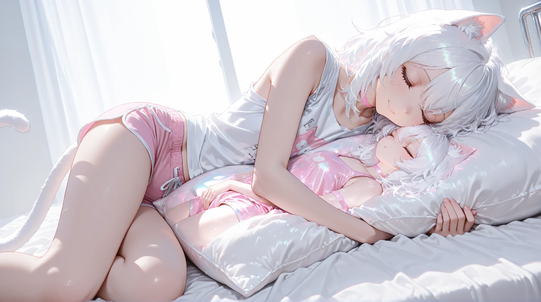 a 22 year old anime girl with white hair and white dress while sleeping with a position of a fetus style. side view while hugging knees.