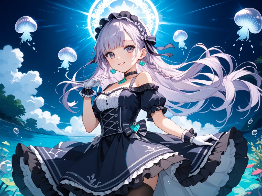 masterpiece, best quality, (1girl), solo, perfect face, perfect hands, white hair, (black_frilled_dress:1.1), medium breasts, starry, night sky, slender, (wet_white_pantyhose:1.1), shallow water, wet, shooting star, (black witch hat with white ribbon), holding a red rose