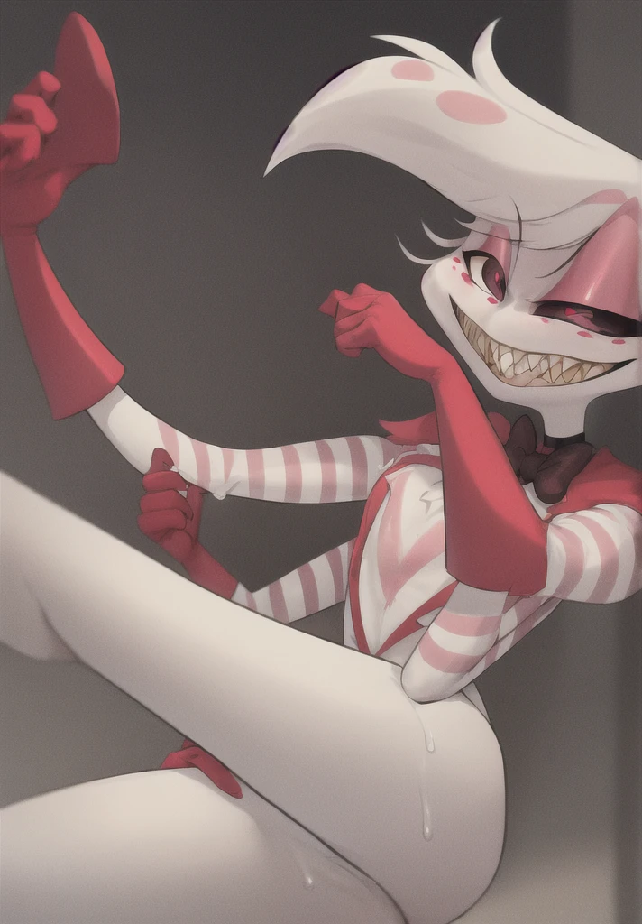 Angel Dust, 1boy, white hair, (choker, bowtie, striped suit, white suit, red gloves, black shorts, thigh boots, black thighhighs) four arms, sharp teeth, gold tooth, pink freckles, chest tuft, pink eyes, (black sclera on right eye, heterochromia), across table, smiling