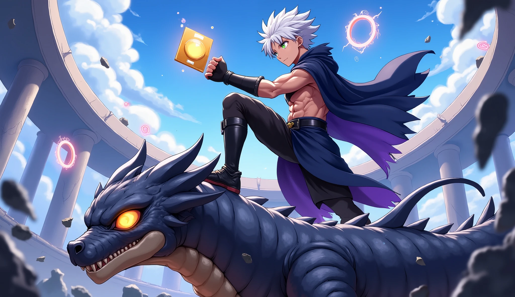 Anime-style illustration of a young male character with spiky white hair, wearing a dark blue cloak and fingerless gloves, confidently holding a glowing golden card between two fingers as he steps on the back of a defeated dragon-like beast with metallic scales. The beast’s eyes are wide with disbelief, and cracks spread across its armor-like skin, glowing faintly from within. Above the beast’s head floats a shining loot icon showing a glowing orb surrounded by lightning sparks. The background features a shattered arena platform suspended in the sky, with broken pillars, swirling clouds, and magical energy rings hovering in the distance. The atmosphere is dramatic, energetic, and game-like, emphasizing the hero’s dominance and the intensity of the battle.