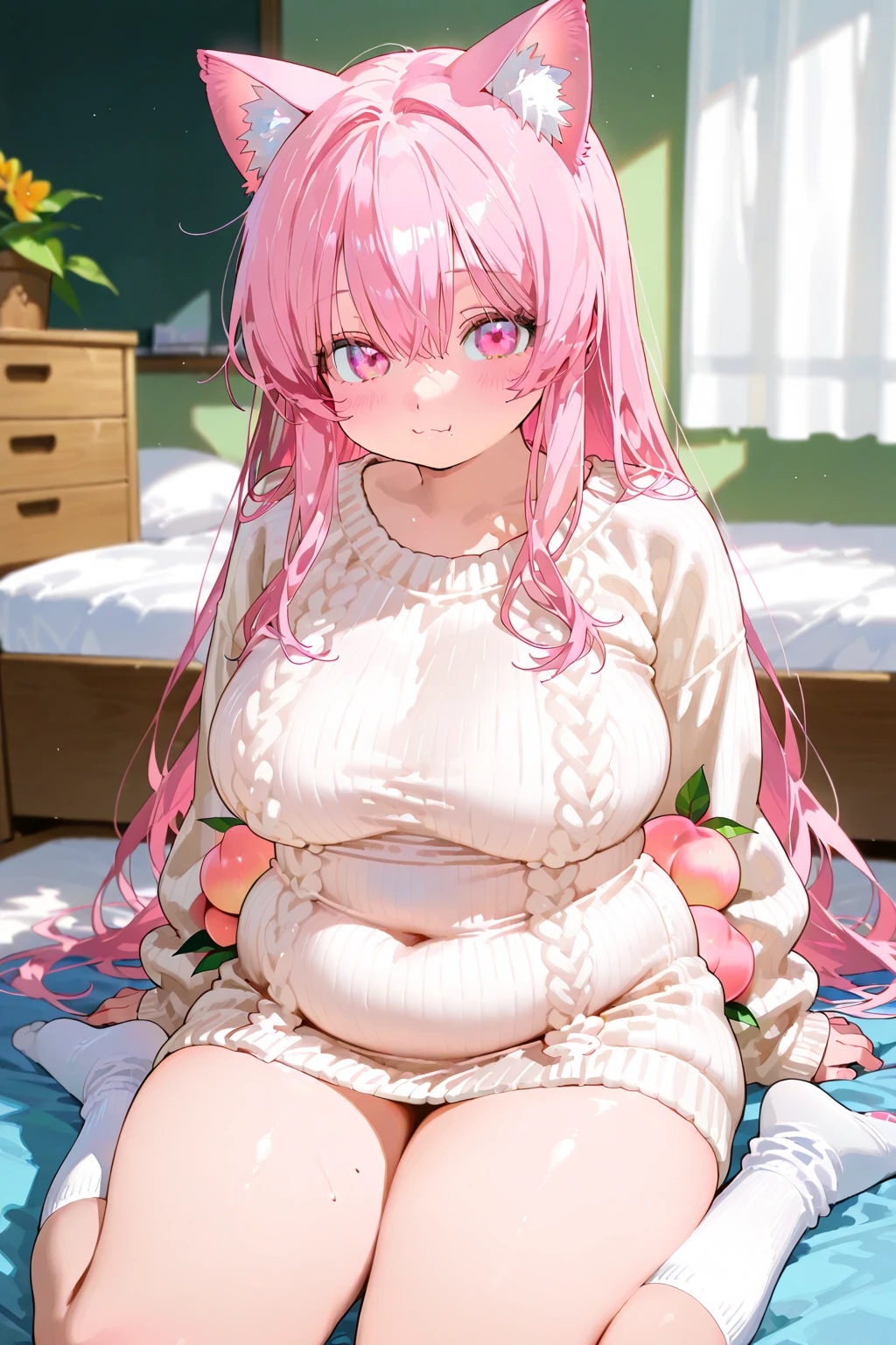 2 22-year-old girls, Pink Hair, Long double ponytail, Pink shirt, Fluffy collar, White fluffy skirt, White ribbon on hair, Lots of hair accessories, Lolita,(Pregnant,Huge breasts:1.8)