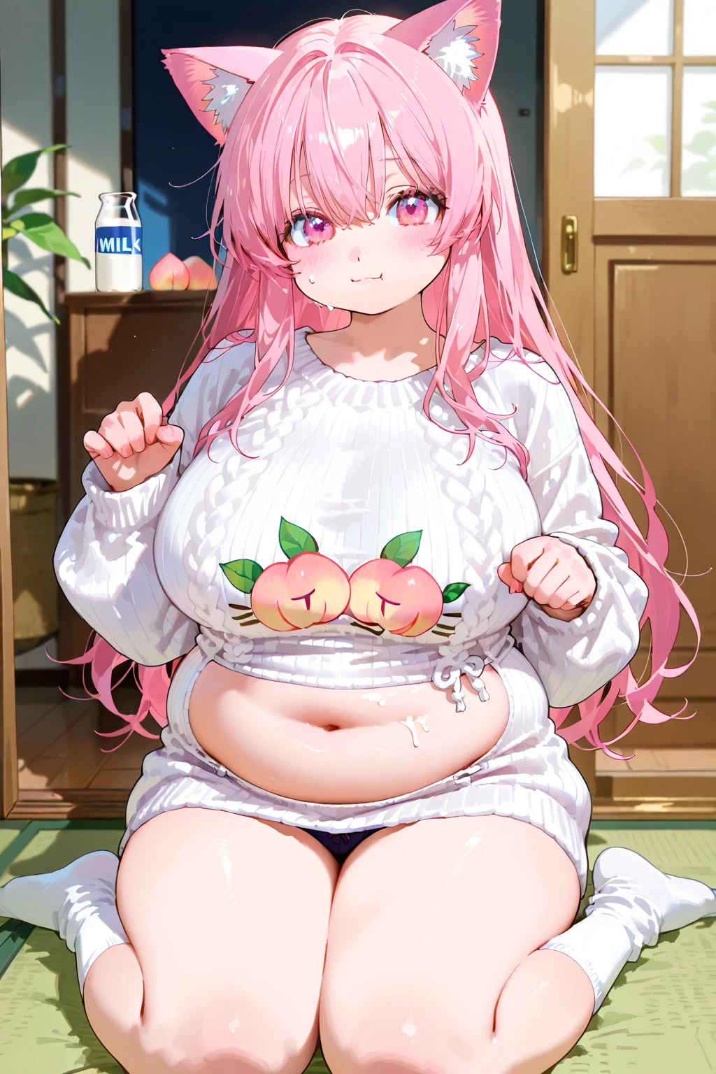 masterpiece, best quality, 1girl, (pink hair, long hair, detailed hair, cat ears, pink eyes:1.3), cute, bedroom, (black hair ribbons, t-shirt, shorts:1.2), (colossal breasts:1.1)