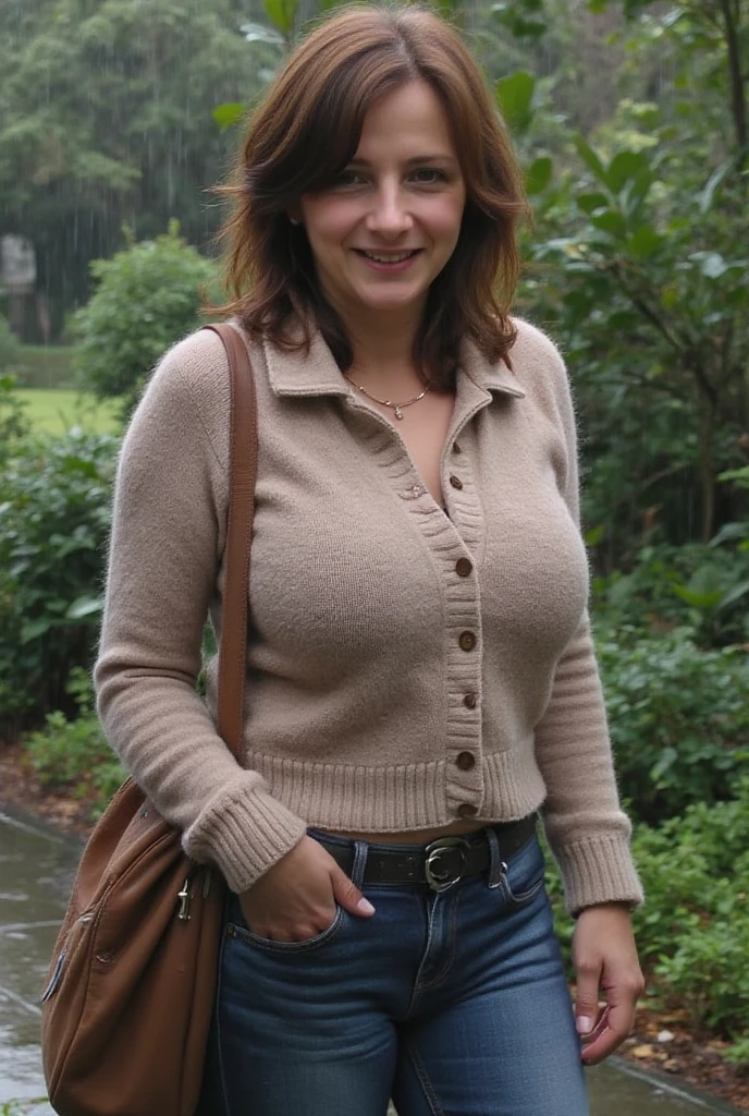 1 girl, solo, Liechtensteiner woman, Old woman, her name is Lissa, (((50 years old woman))), (mother), (((wrinkles))), ((brunette)), ((fair skin)), ((rectangular face)), ((Liechtensteiner nose)), ((big plump lips)), ((high cheeks)), ((medium hair)), ((wearing green Sweatshirt and jeans)), ((background: noon outdoor settings in Europe)), ((wide shot)), smiling