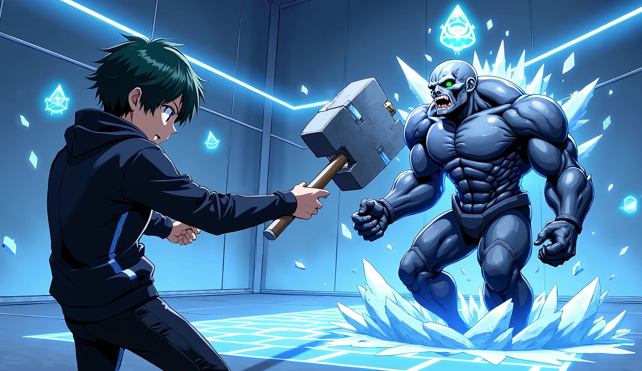Anime-style illustration of a young male character with short dark green hair, wearing a futuristic black school uniform with glowing cyan lines, slamming an oversized digital hammer down onto a frozen zombie-like creature in a suit of armor. The creature is mid-shatter, its mouth frozen open in a silent scream, ice spikes exploding from its body. Hovering above its head is a bright loot icon showing a crystal core surrounded by spinning data rings. The background shows a digital combat simulation room, with hexagonal panels on the walls and a glowing blue grid underfoot. Floating particles and holographic effects add to the action-packed and game-inspired feeling of the scene.