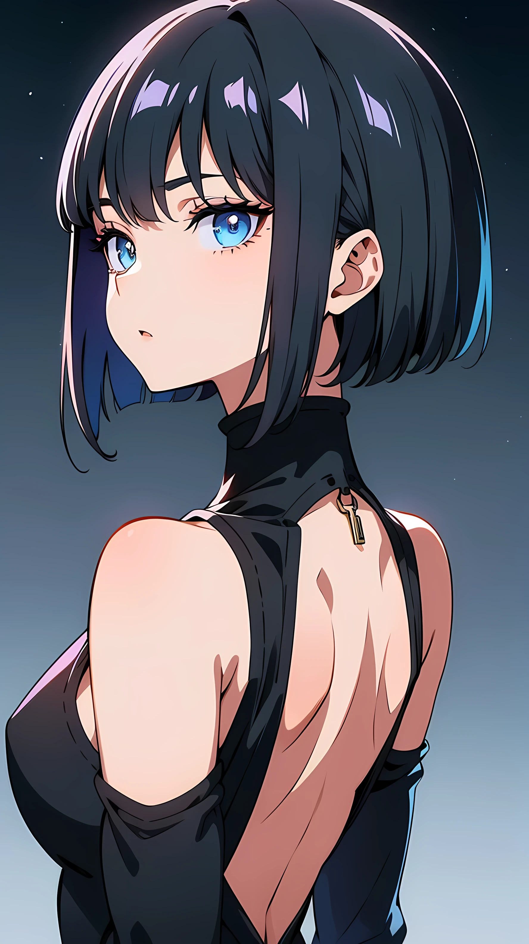 (best quality:1.5, highres, UHD, 4K, detailed eyes, detailed lighting, detailed hair, shaders), black hair, bob cut, hair covering one eye, cool woman, cool girl, sharp eyes, blue eyes, beautiful, large breasts, casual clothes, (professional shot)