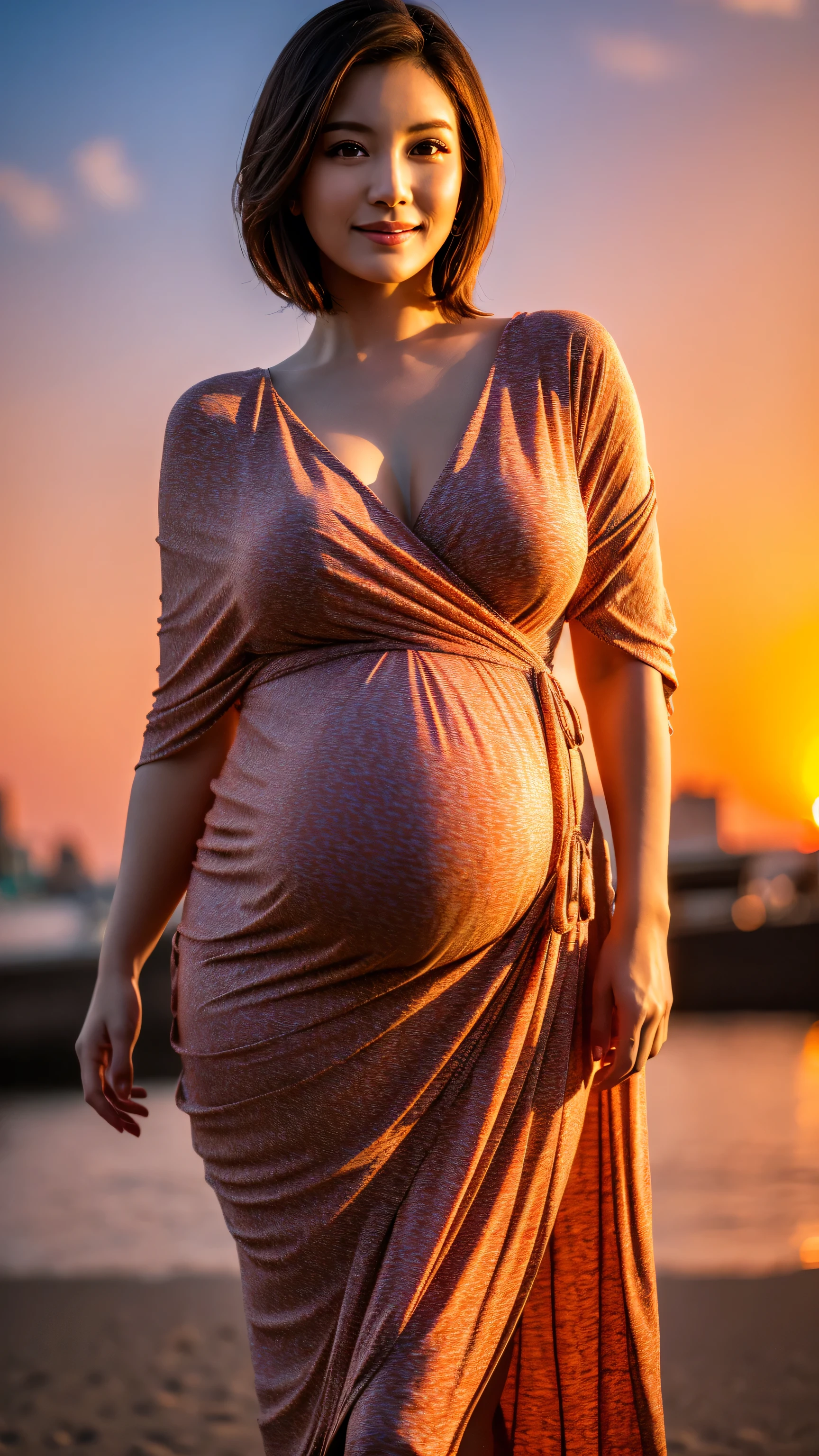 Woman 1.5], centered, pregnant woman standing in the city, wearing summer clothes, facing the camera, day light, luminous, intricate detail, cinematic, award winning photo, cinematic quality, hot colors, perfect shadows, 8K