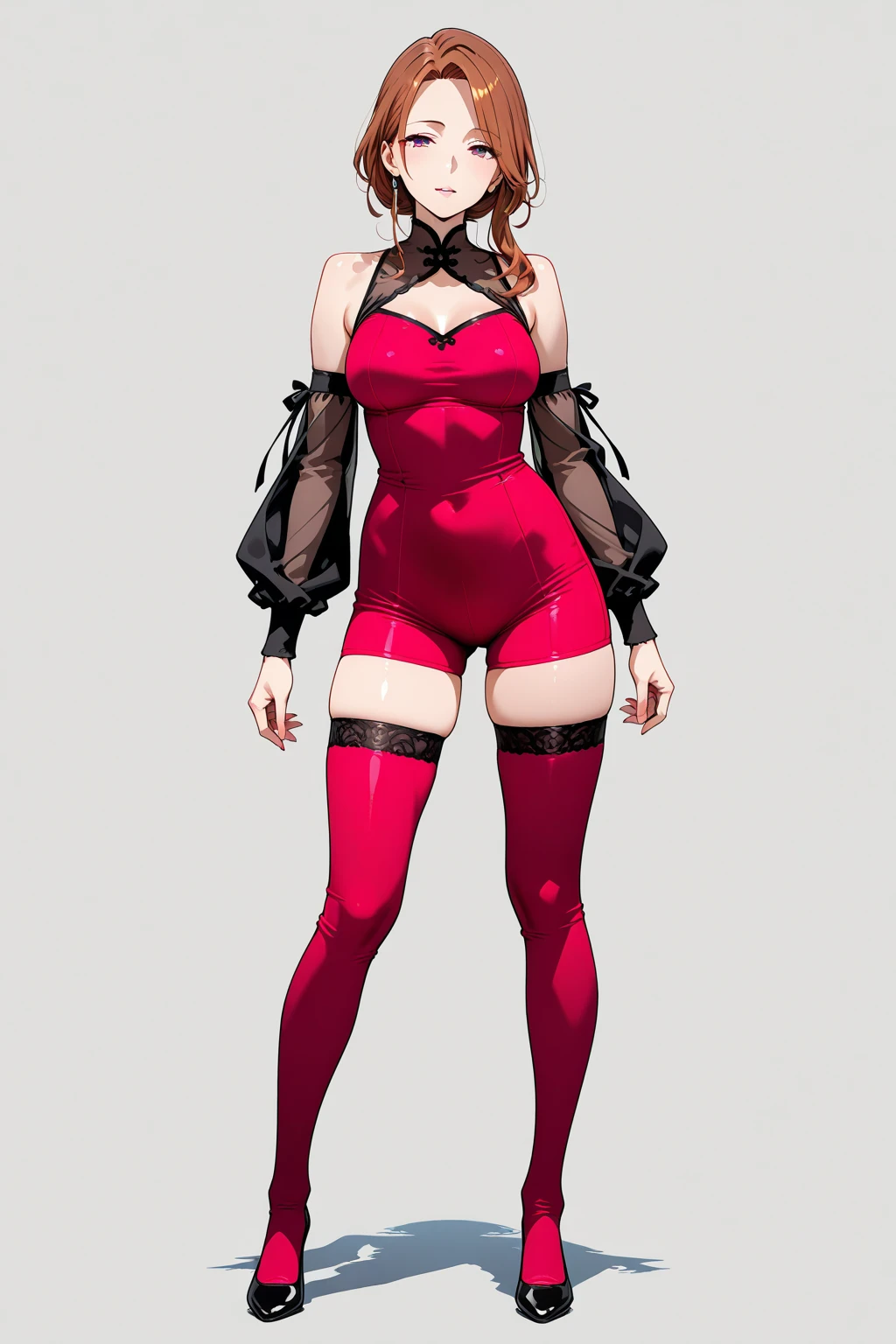 (Masterpiece, Best Quality, High Quality:1.4), professional artwork, Intricate Details, field of view, sharp focus, detailed painting, photorealistic lighting, trending on pixiv, (vivid lighting, vibrant colors:1.05), realistic shadows, ambient occlusion, mature female, milf, solo, (curvy:1.1), stand up, hand on waist, posing, background white, (full body shot shot:1.1),
(red hair:1.3), hair ornament, lipstick, makeup, (mole under eye:0.9), choker, ultra detail hair, ultra detail face, (red eyes:1.05), perfect eyes, perfect face, succubuss horns, (seductive look, blush:1.15),
(main dress:1.2), latex asmodeusoutfit, (black thighhighs:1.1), (highheels:1.2), bare shoulders, necklace,
(Large Breasts:1.15), Cleavage, big ass, thighs