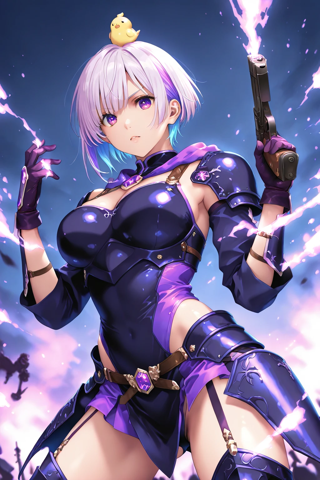 Mash Kyrielight fate grand order, blakc power suit and sleeve, gauntlet, bare shoulder, bare legs, holding cross design giant shield, perfect body shape, soldier aura, serious effect, pink short hair, dark purple pupil, masterpieces, fantasy world, hyper resolution, 16k wallpaper quality, ultra lighting
