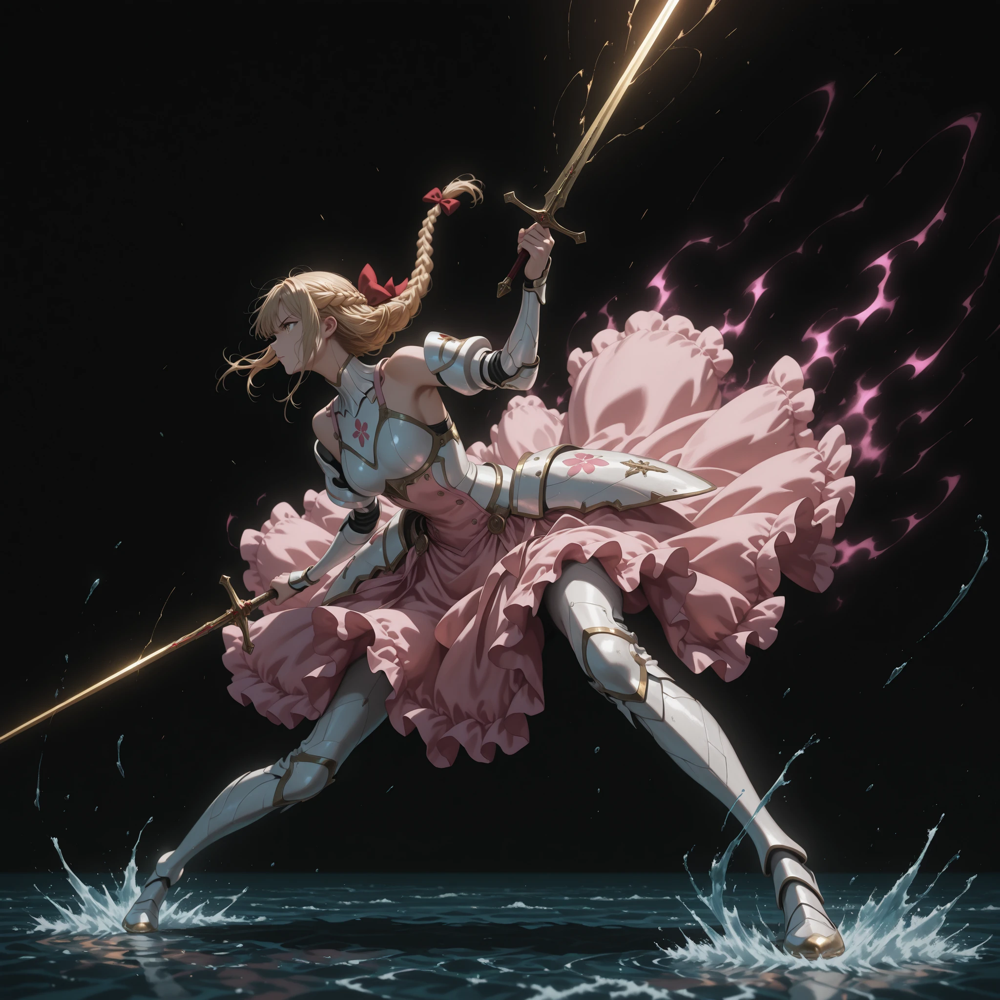 dark_art_style,1 girl, White Armor , white combat dress, Bare Shoulders, Hair Bow, red bow,hand holding sword, hand up, short golden hair, Looking at the side,floating hair,braid
BREAK,
aura,solo,(attack,fighting_stance,dynamic pose:1.2), Golden sword,standing on the surface of the water, black background,
The white-pink battle dress bloomed like a flower, Flying underneath,(negative space, Atmospheric perspective,sword focus:1.3),
