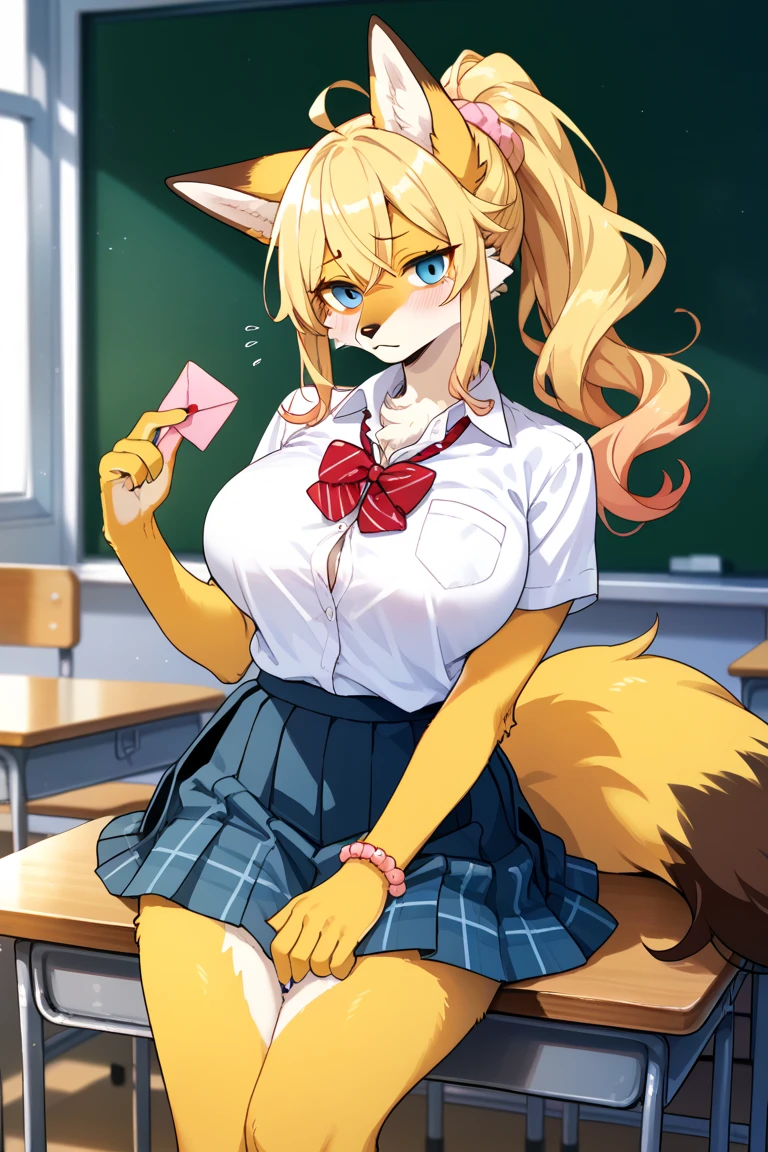 two characters, furry, glasses, animal ears, ponytail, seductive, mouth open, tongue out of mouth, steam coming from mouth, huge breasts, nude, ear piercing, highly detailed, 8k, school girl outfit, classroom, looking at viewer