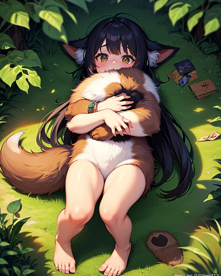 crying face,nipples,eye highlights,tears,(bukkake on body),(cum in pussy:1.9),(doggy style),(Round eyebrows:1.5),(back shot:1.5),((furry ear:1.3)),((chibi:1.3)),(fluffy tail:1.5),((looking at the camera:1.5)),(furry foot:1.5),(Sparkling blue big eyes:1.5),(open your mouth and laugh:1.5),((on a hill overlooking the lake:1.5)),(wolf tail),((long hair:1.7)),furry,(a large black ribbon),(highest quality,4k,8K,High resolution,masterpiece:1.2),