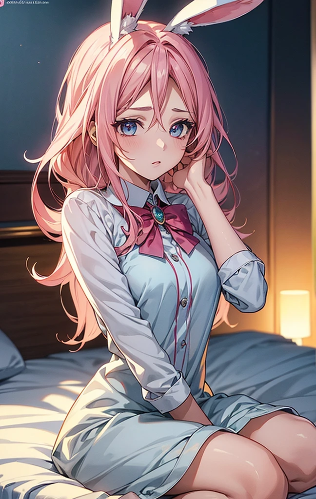 Best Quality,Beautiful Eyes,Very cute face,Beautiful Anime Girl,(Solo Girl),(gigantic breasts),(Pink hair),(low twintails:1.4),(Light blue eyes),Very happy smile,BREAK,(Black business suit,Black suit jacket,White shirt,Black suit pants,Covered breasts,belly button),BREAK,(bed,lying,Top view:1.5)