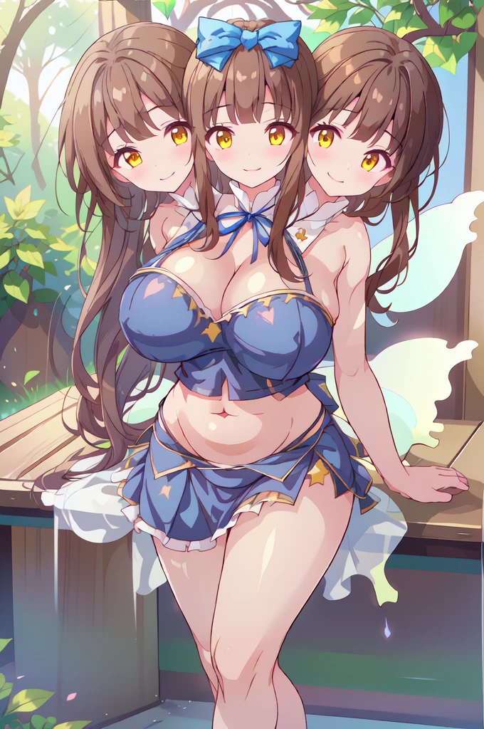 (masterpiece, best quality), best quality, (ultra-detailed), (3heads:1.5), 1girl, (star sapphire:1.3), masterpiece, best quality, ultra quality, ultra resolution, ultra detail, white top, crop top, ((stomach)), midriff, ((groin)), open midriff, white and blue skirt, miniskirt, normal ears, shackles, dark brown hair, very long hair, wavy hair, sidelocks, yellow eyes, detailed eyes, parted lips, fairy wings, sweat, cute, open belly, toned belly, hand on own chest, eyelashes, (24 year old woman:1.3), (masterpiece:1.5), (best quality:1.5), (beautiful detailed), extremely detailed CG, extremely delicate and beautiful, depth of field, (finely detailed face), (perfect details:1.2), (mature female:1.3), wide pelvis, slender, large veiny breast, 16k resolution, highres, high quality, high definition, extremely detailed, masterpiece, dark brown hair, long hair, alluring presence, braid, short skirt, miniskirt, close up, very big tits, huge , young, blue ribbon attached to the hair, butterfly-shaped wings, open belly, midriff, nsfw, bare stomach, girl with three heads,