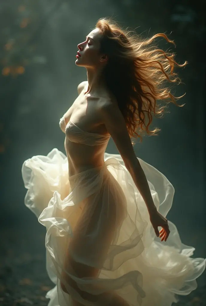 I am the naked body in long exposures of photography in motion blur of her, my delicate and beautiful parts are very focused, but my spectacular body, although blurry, attracts glances. There are three shots in one. , The message I want to convey is that dreams exist , The ewstrilo is very real , 48k cinematic photographic composition finished in Photoshop with more voluminous shadows. Use the rule of thirds, employ colors that evoke nostalgia and hope.