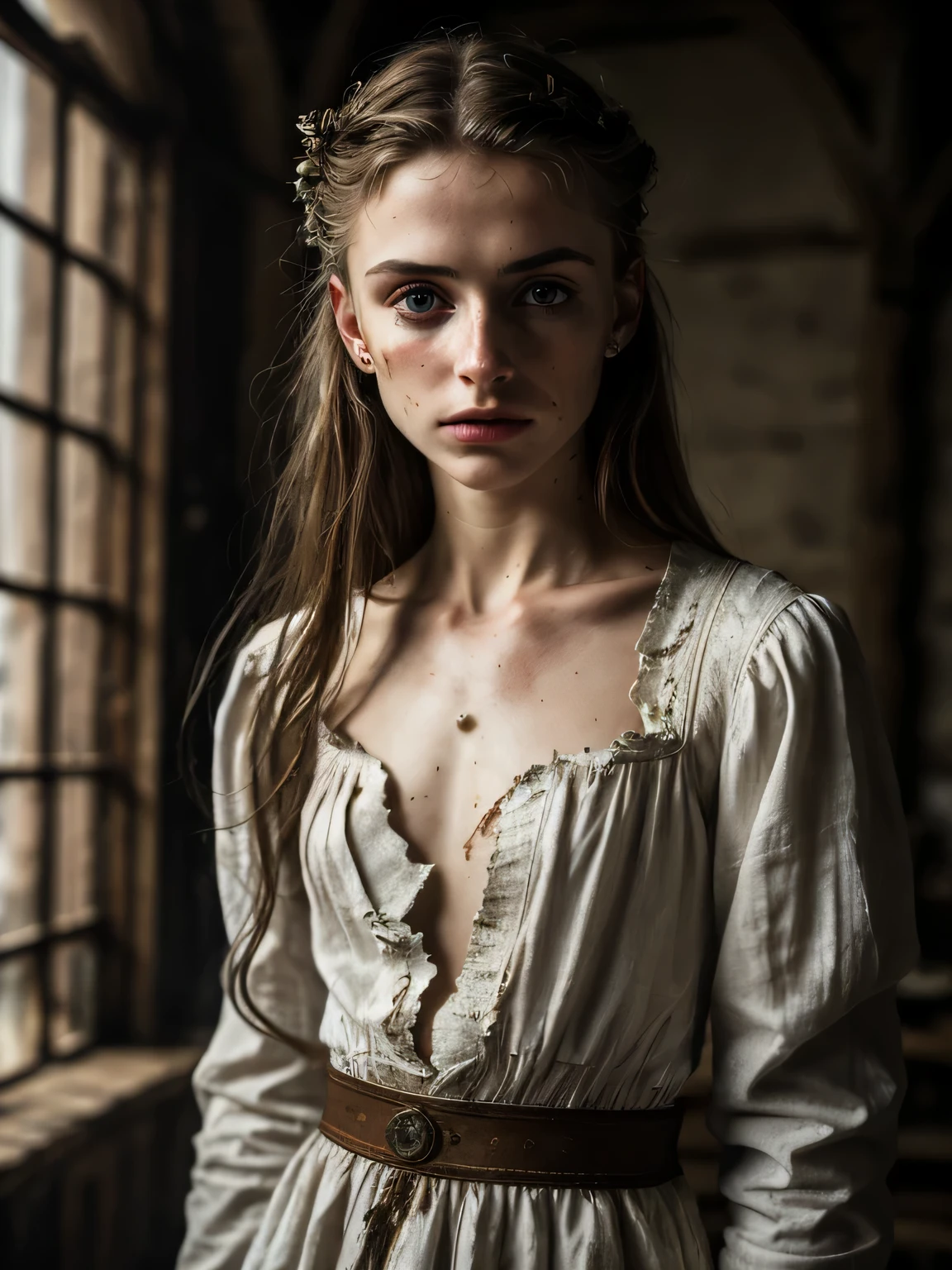 Emma Watson, ​masterpiece, ultra detailed, 8K, Raw photo, Realistic light, Cinematic composition, Realistic face, Realistic skin, (Big Breasts, Long Straight Hair,) (woman from Ukraine), (torn and dirty traditional clothes), cute sexy, sime, pleasure, perfect anatomy, war, cinematic, medieval village, nightfall