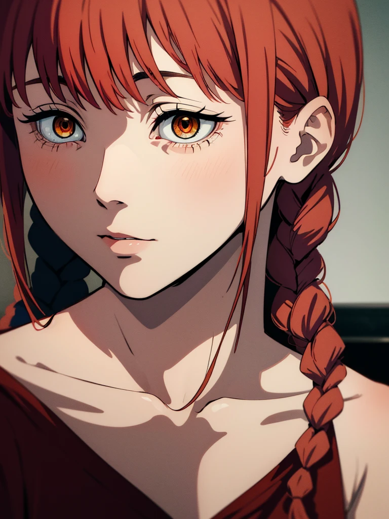 hand \(Chainsaw Man\),, One Girl, only, sit, Redhead, Long braided hair, Golden Eyes,, Big breasts, ???????, perfect ??????, perfect navel, Perfect collarbone, (White panties), (just:1.2), look up , (close up:1.3), , Upper Body, Highest quality, Glowing Skin, Highest quality, High resolution, ,