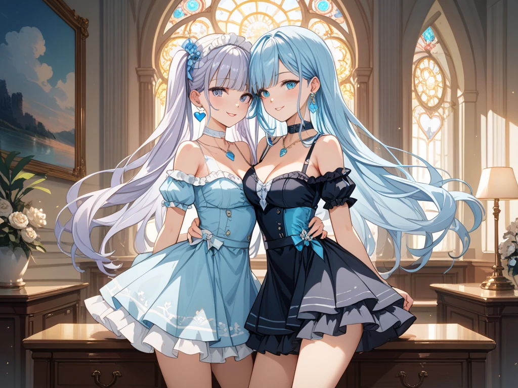 ((Highest quality)),(Ultra-high resolution),flared skirt dress,High neck、The dress is made of blue roses、Highly detailed CG Unity 8k wallpaper, , Earrings, Blue hair, Curly Hair, Blunt bangs, Straight bangs, Blue eyes, White skin, Gal, Improve、Her flat chest is hidden by her dress、Reduce exposure