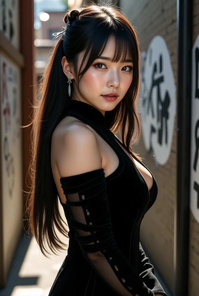 ((Ninja 1.3)),After the battle,(Torn Costume),Photo Real, whole body,mask, or period,Background Sen, Highest quality, Ultra-high resolution, depth, pastel colour, Natural Shading、Long Hair, Black Hair, Brown, narrow eyes, Black Dress, gloves, Anatomically correct,night,city
