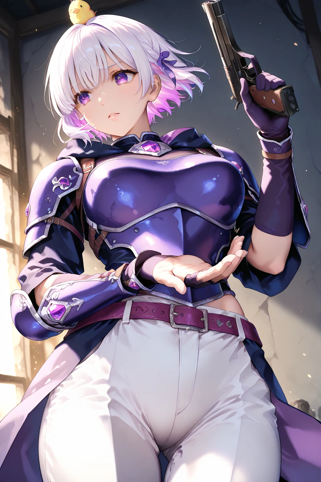 8k、Short blonde bobヘアのエルフ、Super Beauty(Realistic)、Alafeid woman dressed in purple and black、Ultra-detailed fantasy characters、3D Rendering Character Art、blue eyes、Detail Fantasy、Stunning Armor、Amazing character art、Gorgeous Female Paladin、Ultra-high resolution、Ultra-Realistic Skin、Beautiful expression、Sexy Appearance、Fascinating、Beautiful small breasts、Rich colors、Backlight、Cinema Lighting、Film Grain、50mm lens、Nikon D850、Fantasy art、In the dark dungeon、make、Elf Ears、Very muscular and slim build、Very strong and toned abdominal muscles腹筋(Six Pack)、Silver hair ornament(one point)、Purple and black combat pants、湾曲した銀2Hold two swords in each hand、Preparing for battle、Short blonde bob,Strengthen all body muscles,Very strong and toned abdominal muscles(Six Pack),２Hold two swords in each hand,Silver hair ornament,Amazing muscles,Bodybuilder,Dynamic fighting pose,Black and purple combat trousers,