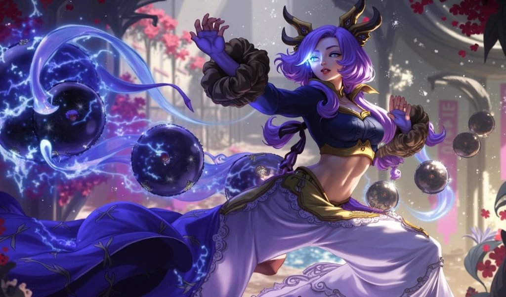 Extra long purple hair，Purple Eyes，A very good figure of an adult woman with bare breasts，Wearing black and purple tights，A purple scarf on the wrist，And holding a purple fire lotus in his left hand，First person open hands action，Six purple-white tentacles formed of energy extended from her back.，And behind her there are circles of three fists of purple and white halos，The background is purple, the universe and the starry sky