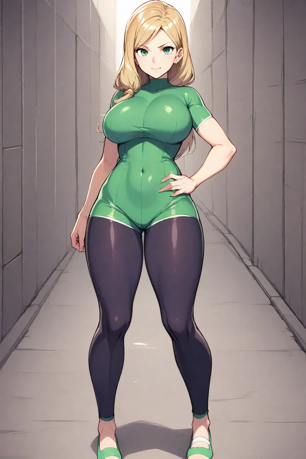 Power Girl in a green top and green bikini posing in a closet, posing and flexing, thick, corpo thick, thick build, Curvaceous Physical Fit, strong pose, beautiful thick female, mid-body shot, posing fully body, whole body!!!, flexing big muscles, perfect and proportional body, powerful pose, exaggeratedly large physique