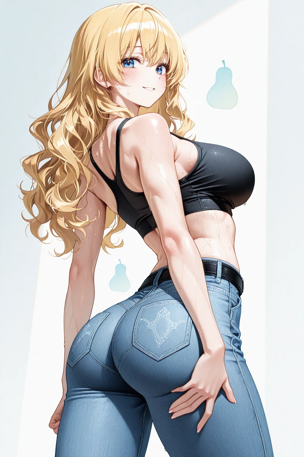 beautiful woman, blonde, long voluminous hair, blue colored eyes, wearing a black top, big boobies, Curvy Body, turned legs, tight shorts, pose sexy, facefocus, face detailed