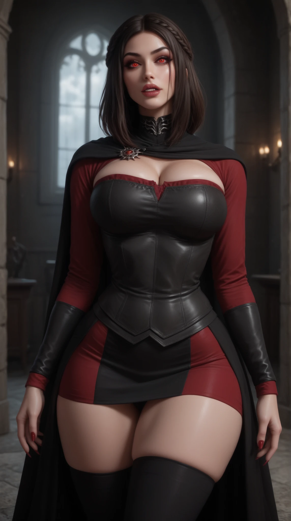 ((Detailed face)), ((highlight)), (breast enhancement), (girl), Cleavage、Asian、bangs、black髪、skirt、combat uniform、white、red、black、