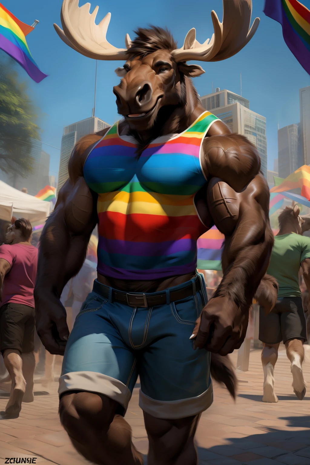 Furry, Antro, [Horse color Marron oscuro , Horse Tail,  [Bulto Male Big], black leather harness, Arnes de Cuero negro, slip Black cuero, Slip Negro, Correas de cuero negro, cuero negro, Unifome Arnes, Solo, (De Pie), [Bulto Male Big], Big Balls, Hooves , Detallado 4k, [(Cuerpo completo]), (Pose De Pie), Cuerpo Completo, cuerpo furry Marron claro, fondo de Discoteca con Luces de Neon Multicolor , pupil Eyes blue, Alta resolucion, iluminacion multicolor, hermoso, Bulto Male Balls, collar correa con pinchos, Arnes megro, spiked wristbands, nude Torso, Torso expuesto Peludo Marron