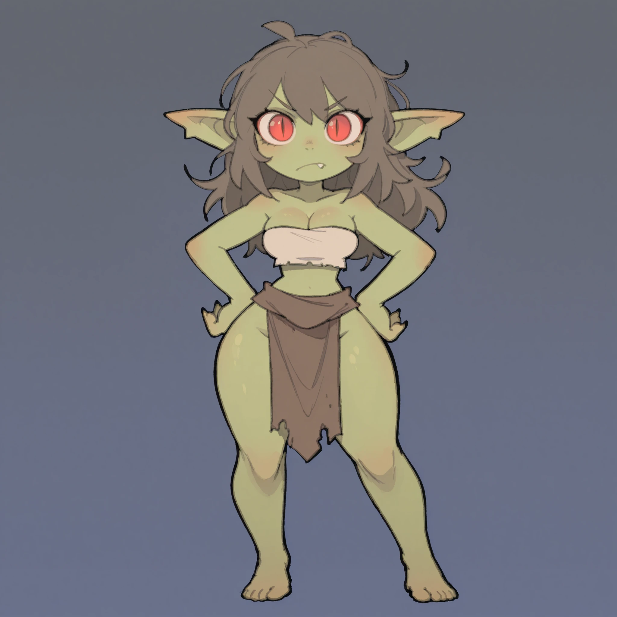 masterpiece, ultra-HD, impressionism, high detail, best quality, very aesthetic, 8k, best quality, beautiful, tmchng, 1girl, solo, goblin, long messy brown hair, red eyes, slit pupils, almond-shaped eyes, green skin, medium breasts, wide hips, narrow waist, thick thighs, curvy, shortstack, fang, white strapless top, cleavage, brown loincloth, primitive clothing, serious, standing, full body, hands on hips, looking at the viewer, simple background, front view