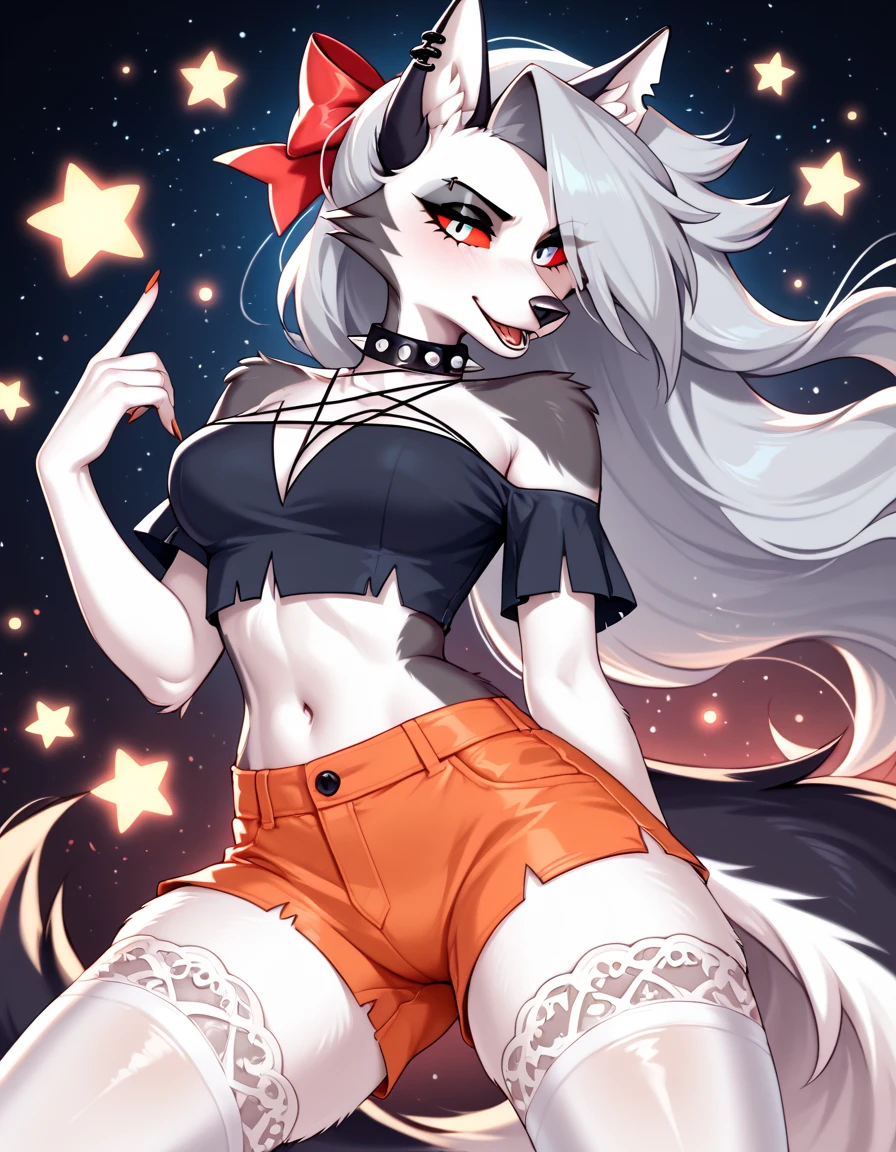 Femboy with wolf ears, has white hair, male, male, short, wearing cropped hoodie, wearing denim short shorts, wearing thigh high fishnets, wearing black combat boots, SOLO, ALONE, (SOLO)(ALONE), has blue eyes, (Perfect eyeasterpiece) thick thighs, wide hips, wearing santa hat