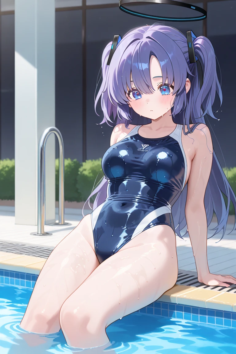 (Unity 16K Wallpaper, Masterpiece, Best Quality, Ultra-Detailed, Extremely Detailed CG, Caustics, Cinematic Lighting, Detailed, Beautiful Detailed Eyes, solo, vivid image quality, brighten the subject, pool side),Ultra High Resolution, fine skin、sexy, (curby), nsfw,(white school swimsuit:1.3), small breasts, smile, cowboyshot, purple hair, puaple eyes