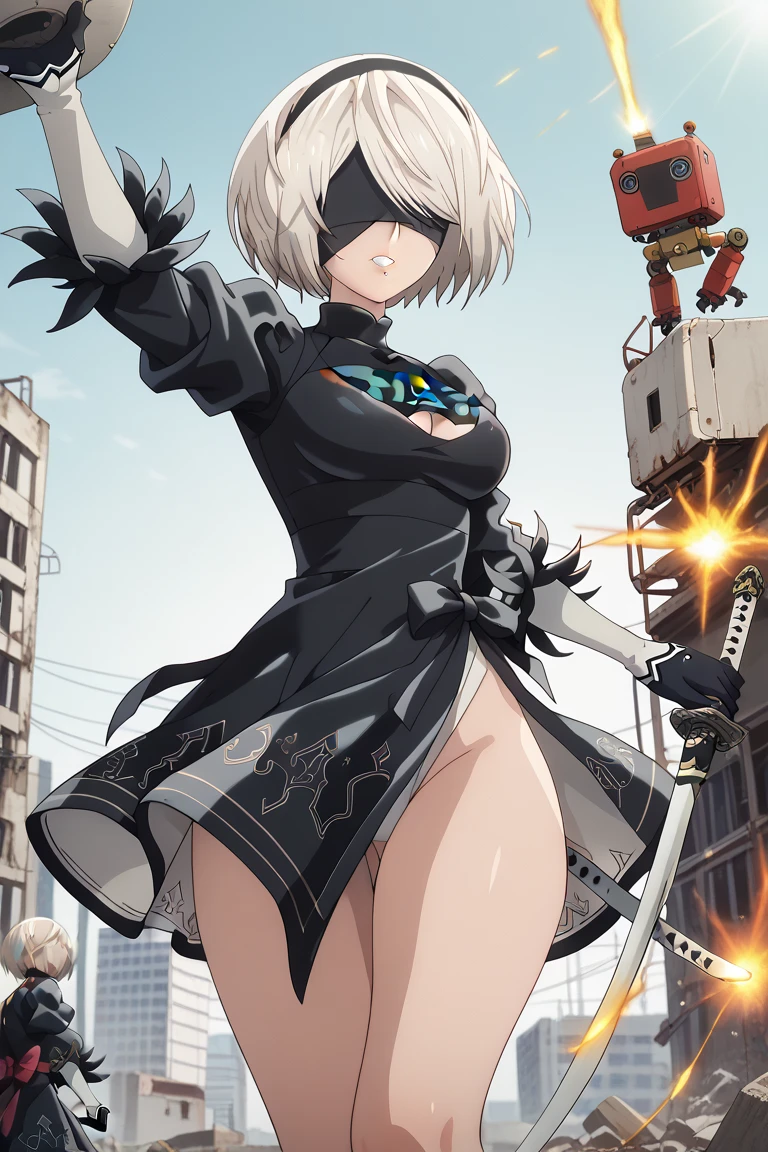 n_2b
blindfold, black blindfold, large breasts evangelion anime style infront a dj djing behidn a overgown city ruins