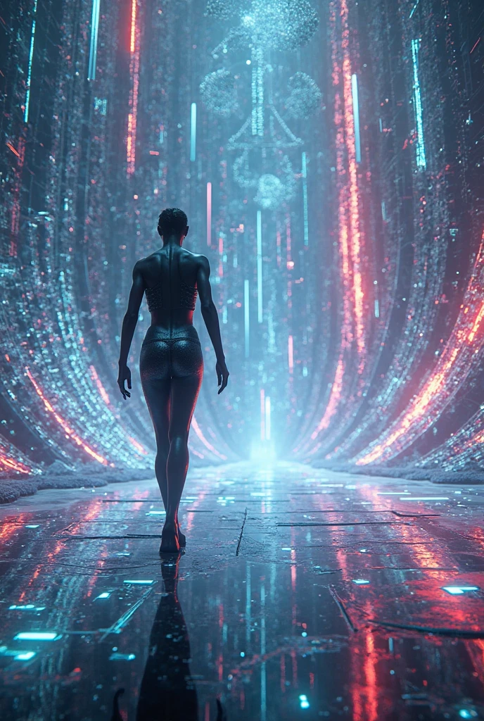 At night, aerial view of a mysterial sky garden, horror dark statue, a holographic cyberpunk city in the background with flying vehicle, fountain, waterfall, atmospheric fog, Matrix style, (1girl, solo), large-breast:1.3 D-cup slim:0.9 body, cleavage:1.3, seductive costume, (mini VR sunglasses), (((holding a pistol))), standing, half-body thigh level medium shot, depth of field, cinematic lighting, ray tracing.