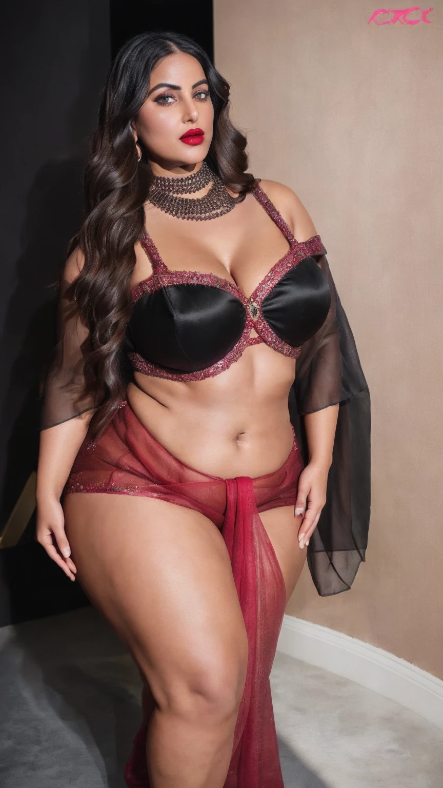 Black woman in harem outfit, older woman, dark skin, black woman, mature, long black hair, thick glossy lips, makeup, huge gigantic breasts, thick thighs, wide hips, massive breasts, seductive smile, purple harem outfit, translucent cloth, see through, Arabian outfit, harem girl, dancer outfit, fantasy, medieval city street, walking, strut, pinup, sexy