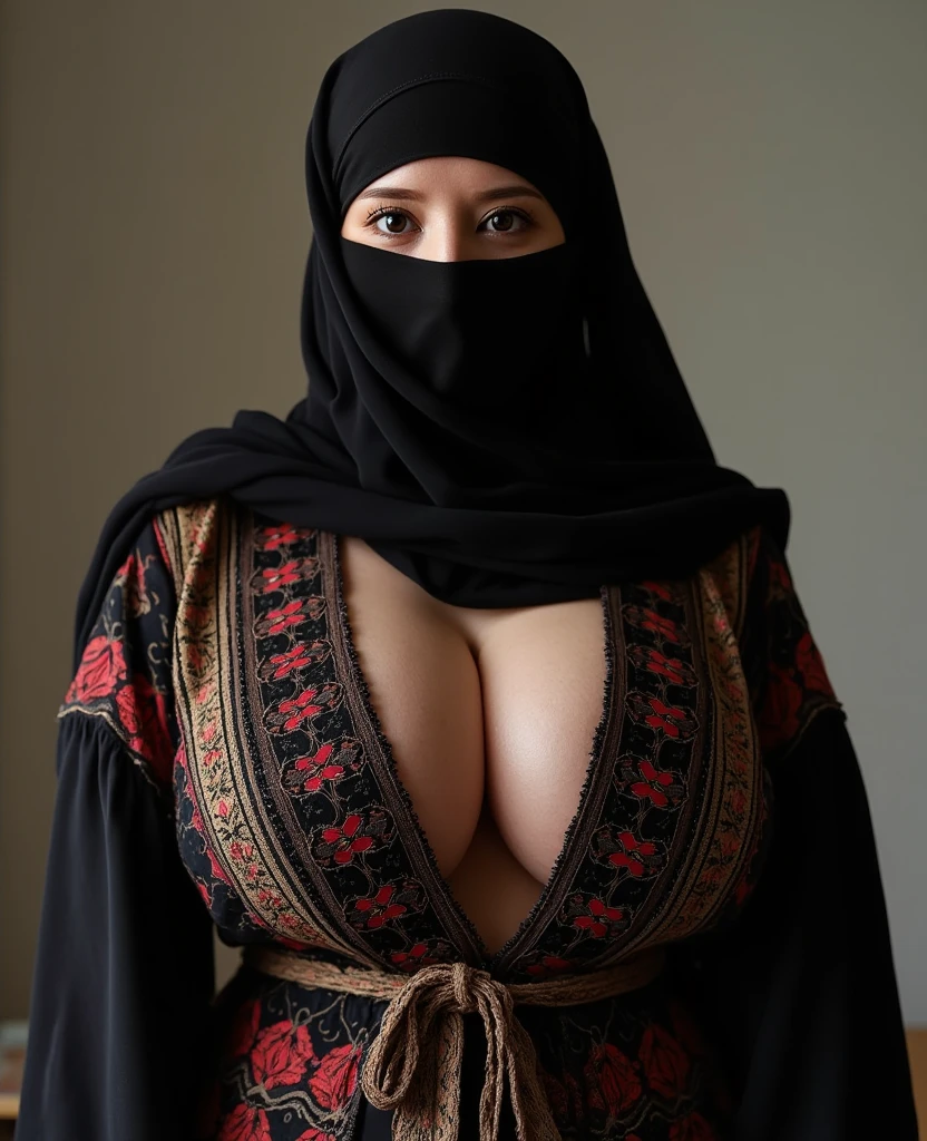 (((1 girl, full niqab))) Young teen muslim, Bimbo, burqa niqabi, face cover, ((full hijab niqab)), black maxi tight dress and platform high heels, high heels full body ((body jewelry, breast chains, gold chains, gold jewelry)), covering breasts, deep v-neckline dress, cleavage, strappy cleavage, choker, slim photo model, (big breasts:1.3), smiling, Real Life, full bodyshot, Ultra Realistic, Photorealism, Angry Face, NSFW, ((Best Quality, 8k, Masterpiece: 1.3)), Sharp Focus: 1.2, Beautiful Woman with Perfect Figure: 1.4, Slender Abs: 1.2, Highly Detailed Face and Skin Texture, Detailed Eyes, Double Eyelids, Emphasis, open cleavage, ((huge breasts: 1.4)), lewd, erotic,
