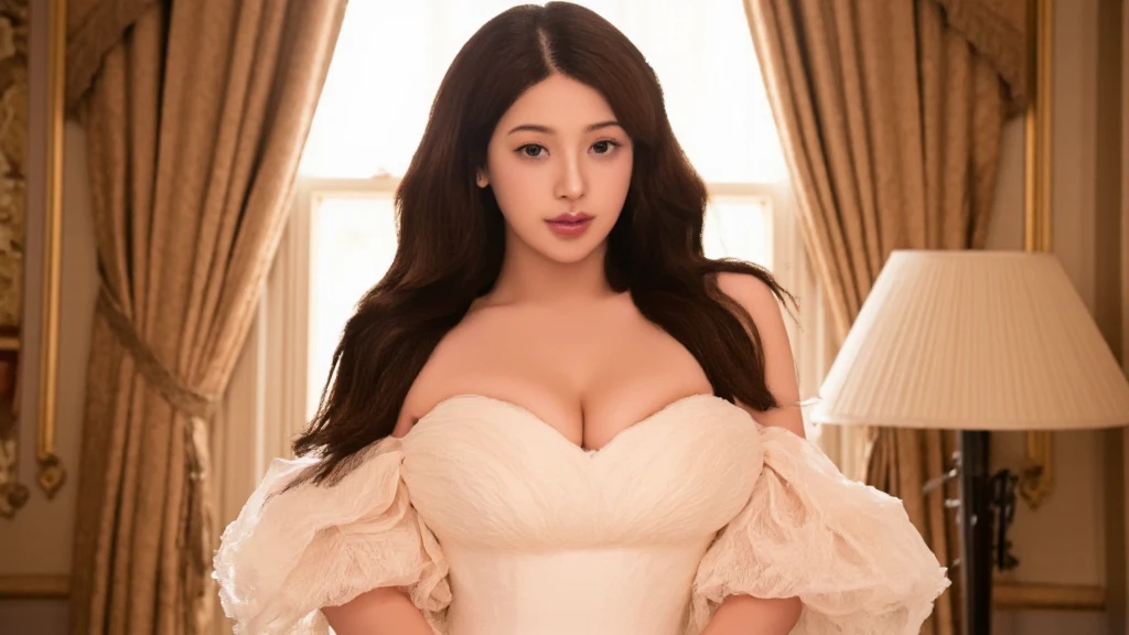 (highest quality,8k,1.1,超詳細なFull Body Shot),(Subject Depth 1.3),(Front body 1.5),Japanese,Beautiful woman,Long black hair,(((Cute Face)))，A beautiful white long wedding dress that accentuates the bust and neckline..,Wedding Veil，A large wedding bouquet on the side，(((Super busty beauty))),Cleavage,(((Staring at the audience)))，(((Full Body Shot)))，(((Sitting on a bed in a luxurious bedroom)))