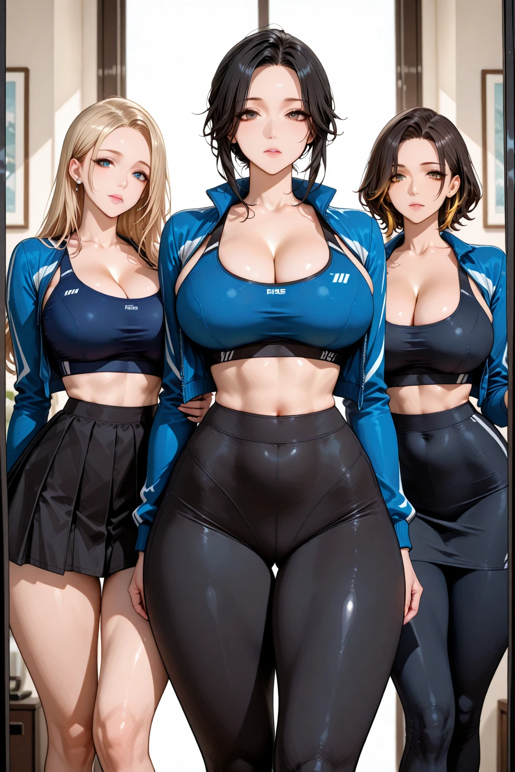 masterpiece, best quality, highres, 3girls, long hair, leggins, fitness, looking at viewer, outdoors, smile, plus size, huge tits, cleavage, big butt, topless,