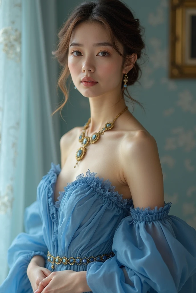 best quality, (12 year old girl、small face、Extremely beautiful face, natural makeup)(fair skin)((sparkling eyes))、Super detailed, fine details, High resolution, beautiful detailed eyes , ,spoiled face、,dynamic angle,Looking at Viewer(rococo ball gown、gorgeous embroideryが施された白とロイヤルブルーのフリル),(gorgeous embroidery白と純白のフリルrococo ball gown),(Fluffy white and gold ball gown、gorgeous embroidery),corset,((hoop skirt)),princess dress with lots of jewels,((gorgeous embroidery)),(gold trim),((crinoline)),opera gloves,Tiara decorated with finely decorated jewels, gemstone earrings,finely decorated necklace,beautifully jeweled ornaments,Indian Earl,royal ballroom,light particles,face light、rim light、((Angle where you can see up to your knees))