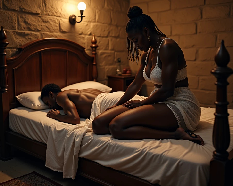 Jungle, Wide angle, a black man and woman in bed, seen from above, a luxury bed in the middle of the forest, ultra quality, album cover, beautiful faces, plants on the floor