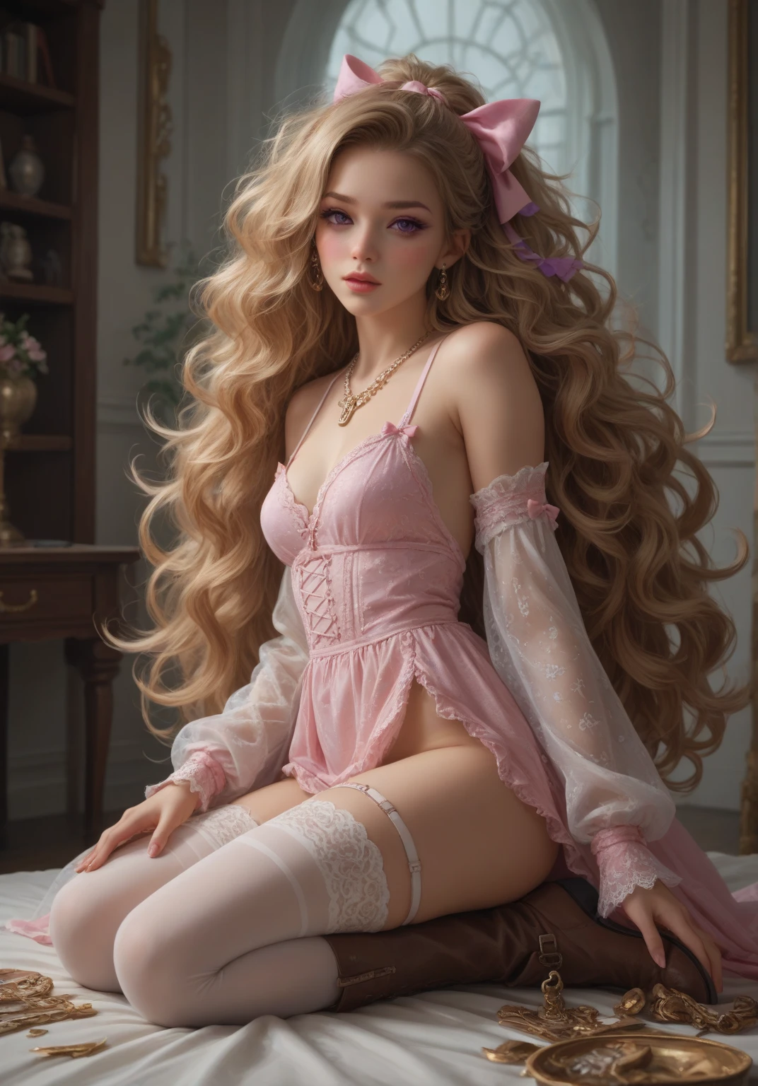 8k, impressive high quality image, of a 19-year-old woman, with orange red hair, very long, curly and wavy hair that falls on her abundant chest, wears a pink ribbon on her head, has the figure of a goddess of love, heavenly beauty, chest abundant, normal waist and normal hips, light green eyes mixed with blue, freckled face, freckles on the face, facial blush, reading glasses, sensual and delicate smile, shown standing with his back foreshortened, he is wearing a very tight catsuit of pink color that highlights your curves. The catsuit is not her size and is too small, which makes her nipples and pussy stand out. She has big, pretty breasts, she wears black wristbands, detailed hands, attention to correct fingers on her hands, gold earrings. ring. She wears a small diamond piercing in her nose. She looks defiantly at the viewer. Delicate scene, warm light dominates the scene, she is in a pink dungeon, everything pink.