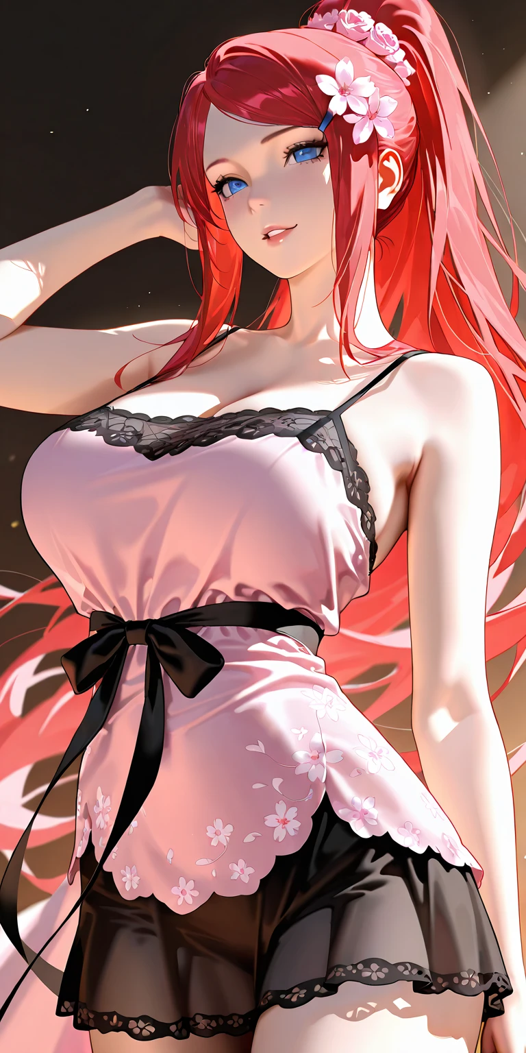 Anime girl, Zero Two, 002 from Darling in the franxx (best quality,4k,8k,highres,masterpiece:1.2), ultra-detailed, (Anime art style:1.37), portraits, solo, one girl, long hair, beautiful detailed horns, pink hair, smooth pantyhose, stunning breasts, delicate hairband, enchanting smile, captivating gaze, black pantyhose, medium breasts, white hairband, simple background, elegant arms behind head, graceful arms up, stylish bangs, mesmerizing green eyes, Detailed Eye, elegant dress, delicate closed mouth, Red Coloured_Xs_and_Os Women's Lace & net Floral Above-knee Babydoll Lingerie, fiery red horns, exquisite lingerie, breathtaking red lingerie, alluring lingerie, cascading very long hair, straight hair, confident standing pose, elegant necktie.