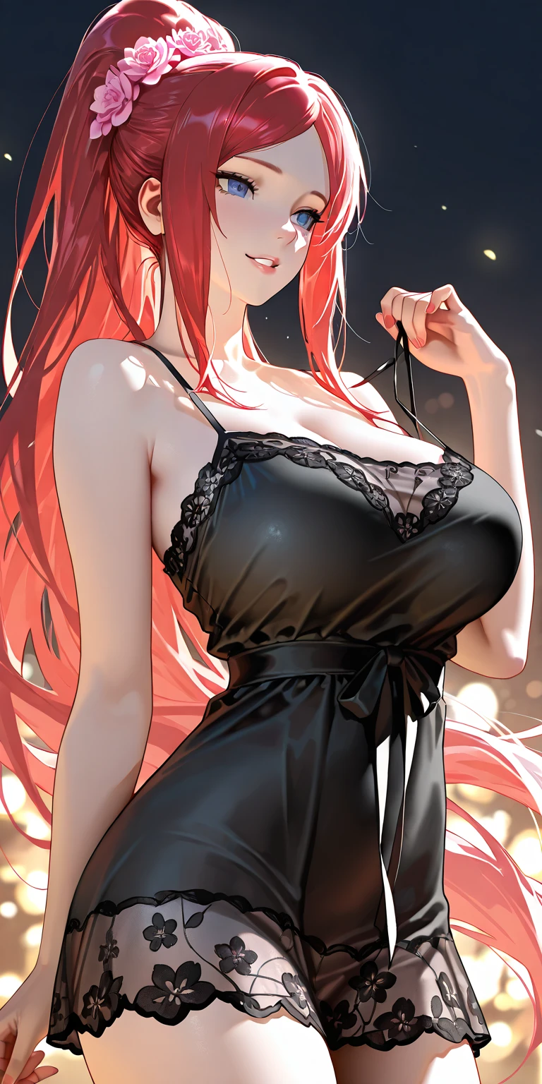 1 babe, red hair, black dresses, large breasts, sexy, parted lips 