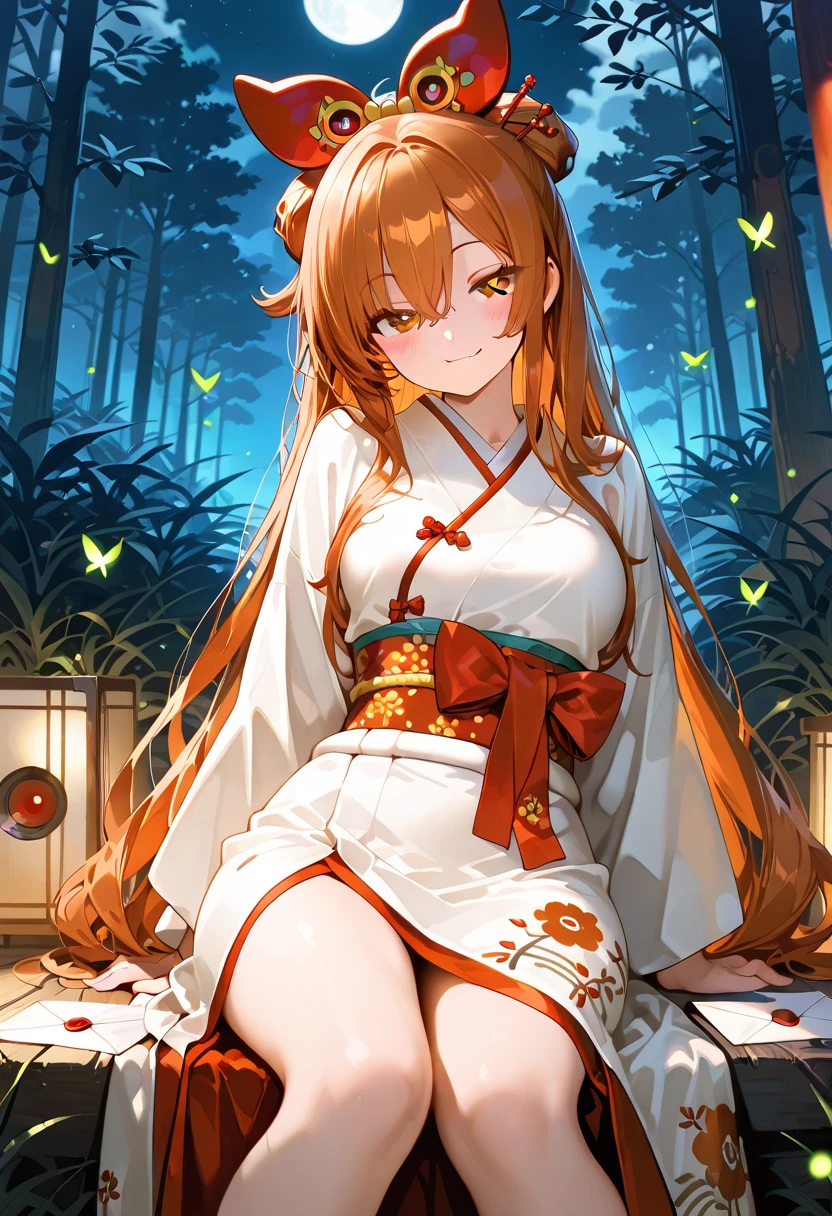 ((masterpiece))), best quality, sci-fi color scheme,(beauty face),kemomimi, 1 girl, japanese deity, (orange hair), yellow eyes, pale white skin,busty boob,beautiful hip line,mysterious smile, full body, black manicure,shrine maiden outfit, beauty leg,sitting,