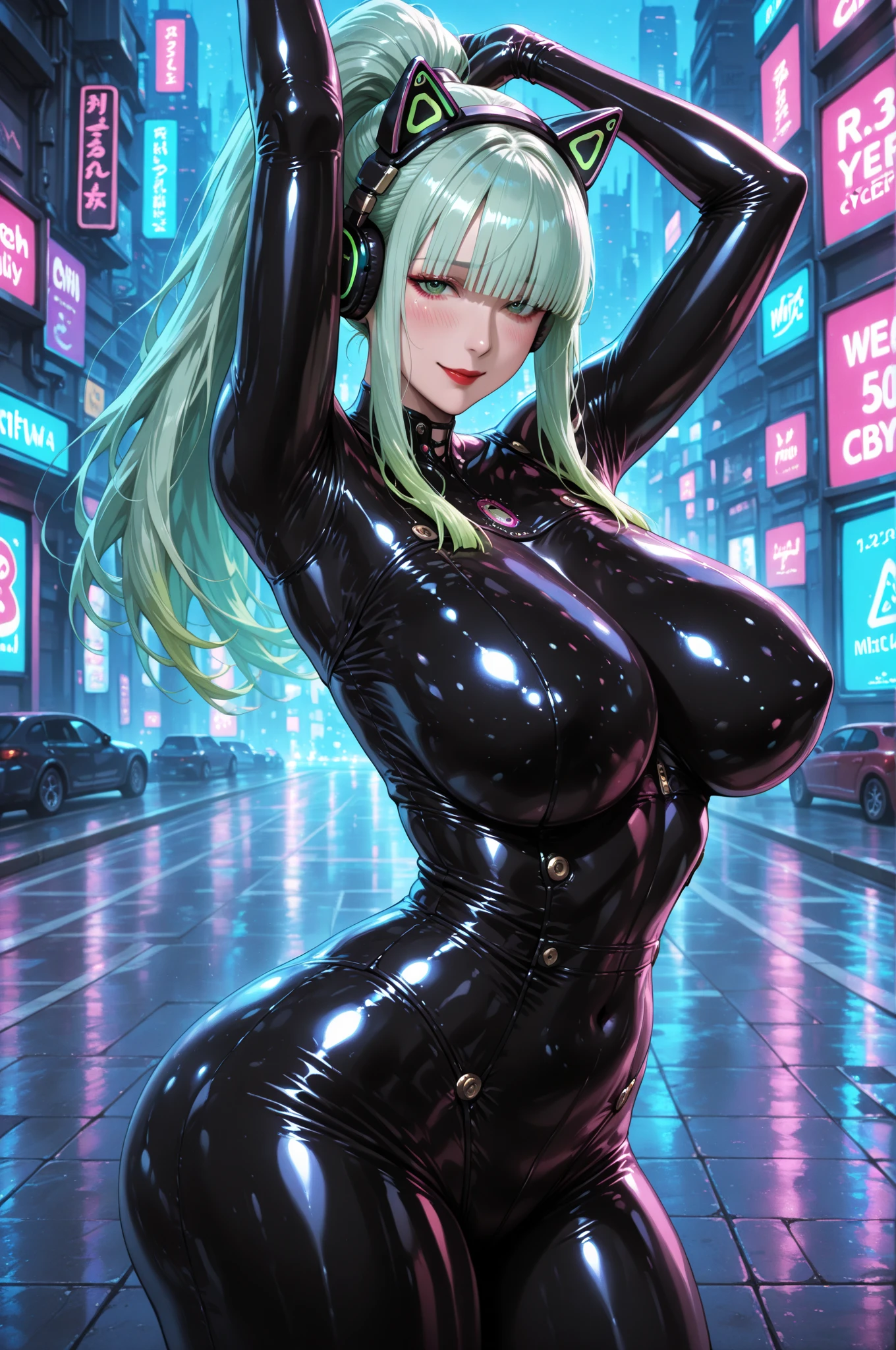 Ultra, high resolution, 1girl, solo, green hair, wavy hair, long hair, ((red eyes)), glowing eyes, sultry eyes, juicy lips, plump lips, glossy lips, soft blush, dolly face, eyelashes, eyeliner, large breasts, pale skin, ((black latex suit)), realistic background, warm lightning, very detailed clothes, very detailed face, very detailed eyes, very detailed hair, ultra, best quality, masterpiece, looking at viewer, in love with the viewer, full body, posing seductively.