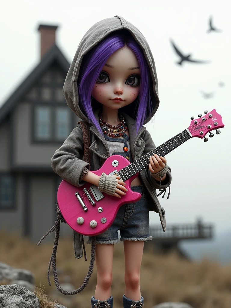 cute girl On the beach, punk clothes, chibi, by Yoshitomo Nara, electric guitar, neon lights, waves, onlookers, anime realism, aesthetic, (best quality, masterpiece, Representative work, official art, Professional, 8k, Ultra intricate detailed:1.3)
