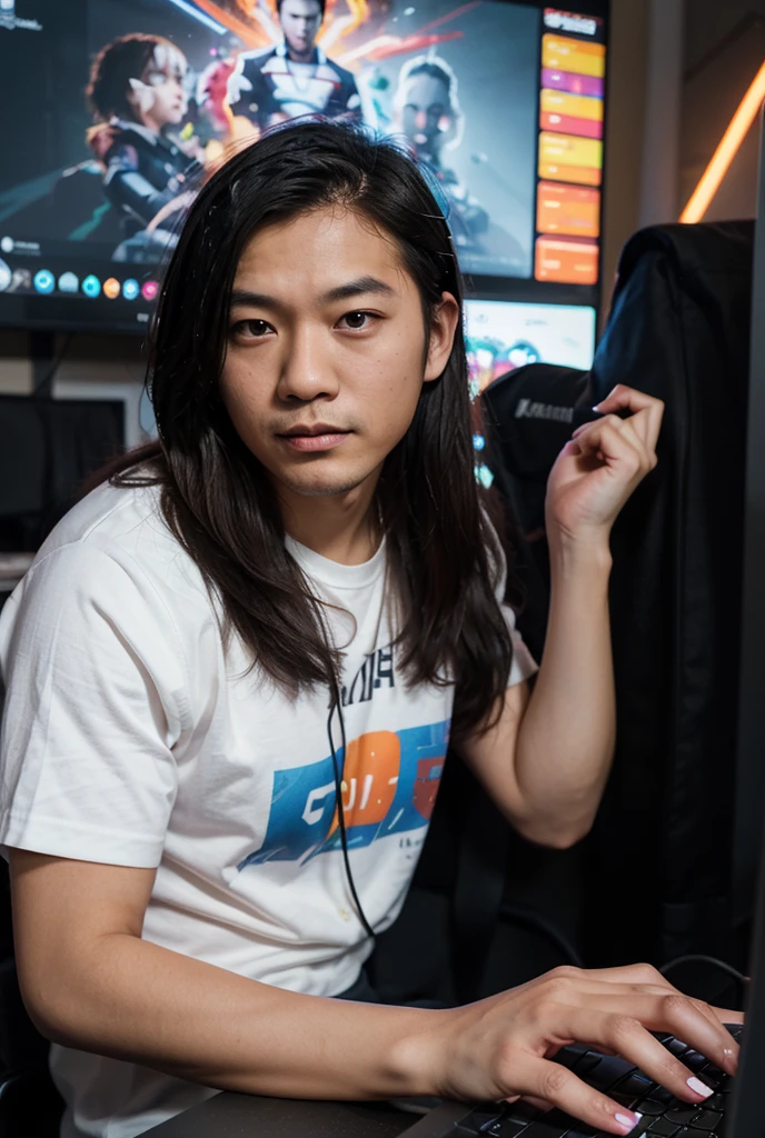 create a male character with long hair white lifeless red eyes crying smoking a POD with medicines thrown around near the PC lighting a cigarette with wireless headphones
