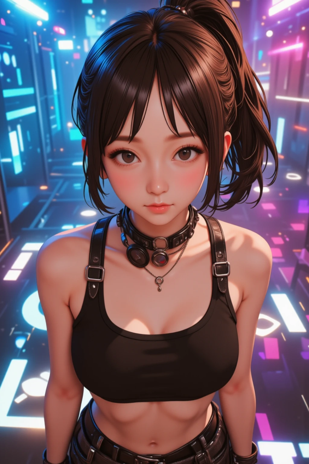 Wear cyberpunk complex streetwear, Beautiful, girl, Enamel Shorts, detailed portrait, 4 k, Bright colors, Concept art, With a cinematic and dramatic atmosphere, (Thin thin white tank top shirt), (hard nipples erect), (nipples pointing up), Colossal tits, Sharp Focus, Volumetric lighting, Cinematic lighting, Studio Quality, portlate,